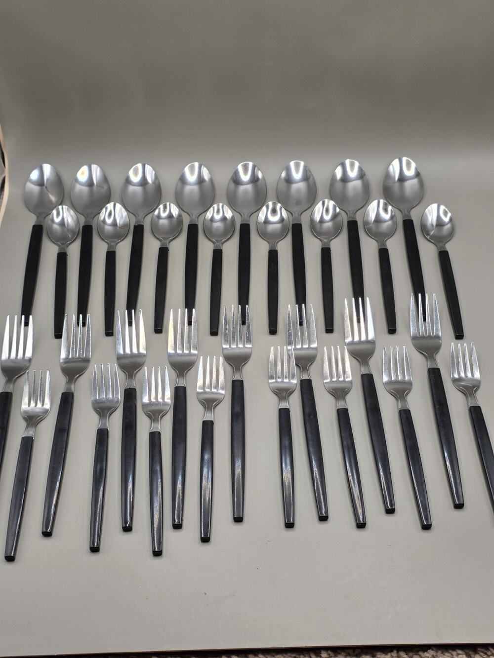 Vintage Black Handle Stainless Flatware Lot 34 Pc Tapered Composite Spoons Forks